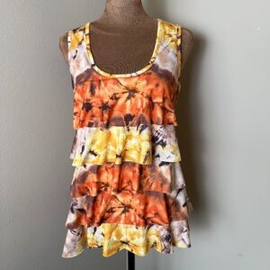 A Byer Tank Top Womens Medium Orange Abstract Tie Dye Ruffle Shirt Y2K 2010s